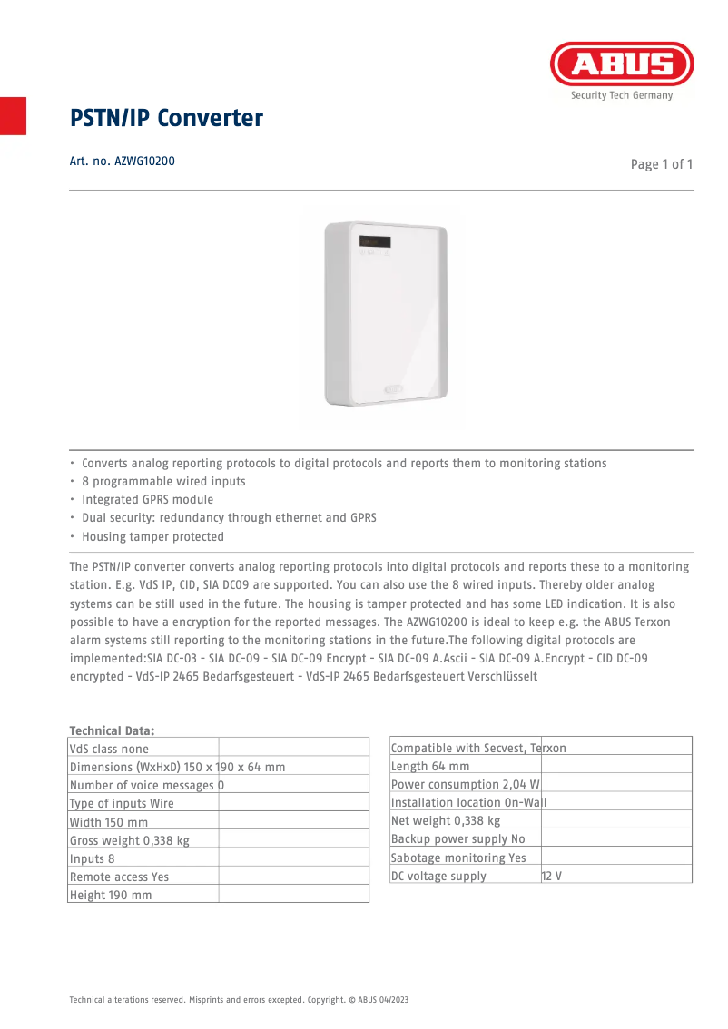 Page n°1 - Fiche technique Abus AZWG10200