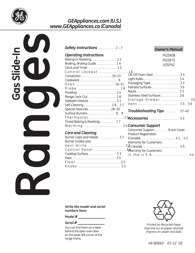 Page 1 of the manual Use and Maintenance Manual GE Profile PGS975SEPSS