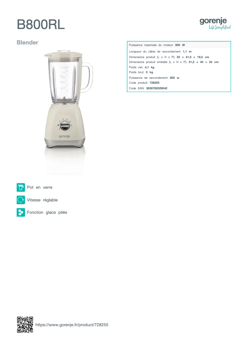 Page 1 de la notice Fiche technique Gorenje B800RL