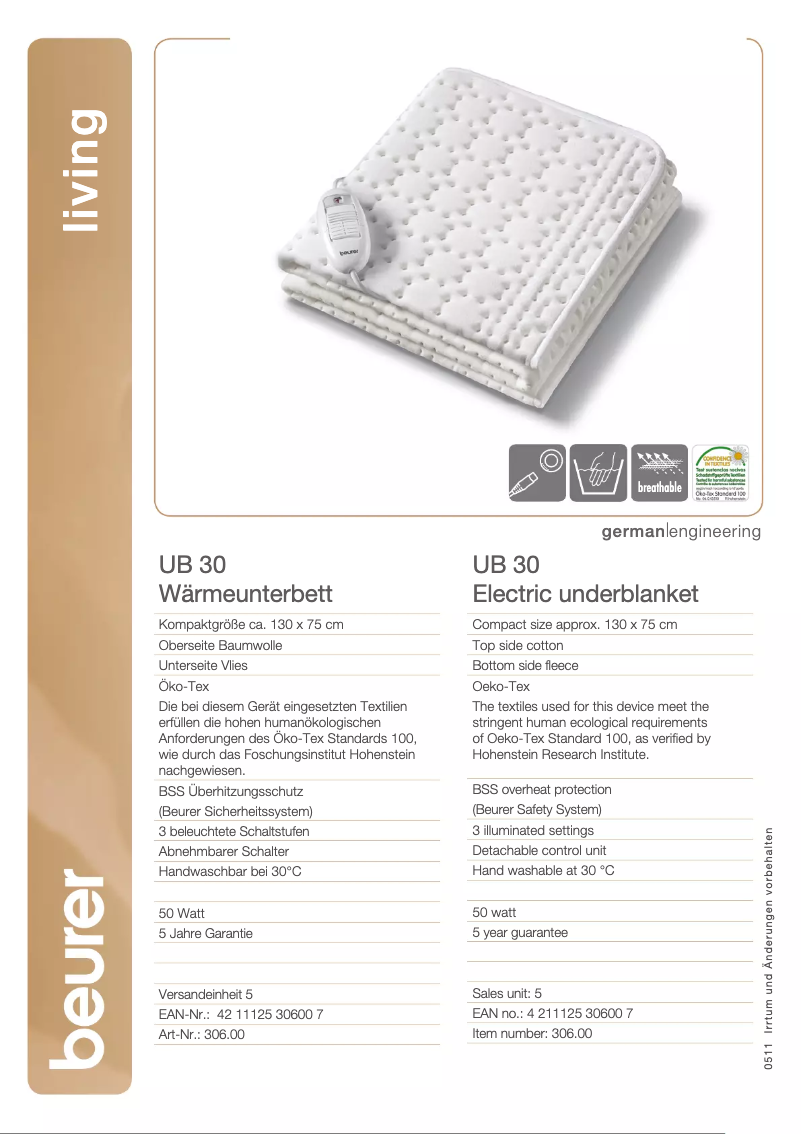 Page 1 de la notice Fiche technique Beurer UB 30 Kompakt