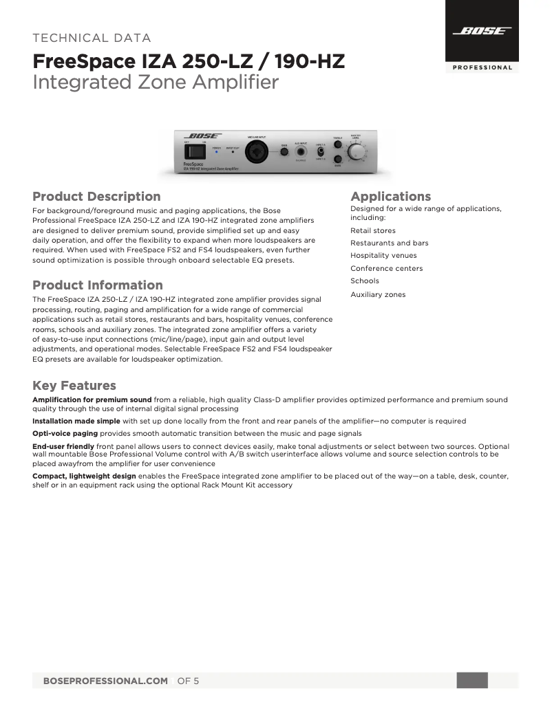 Page n°1 - Fiche technique Bose FreeSpace IZA 250-LZ