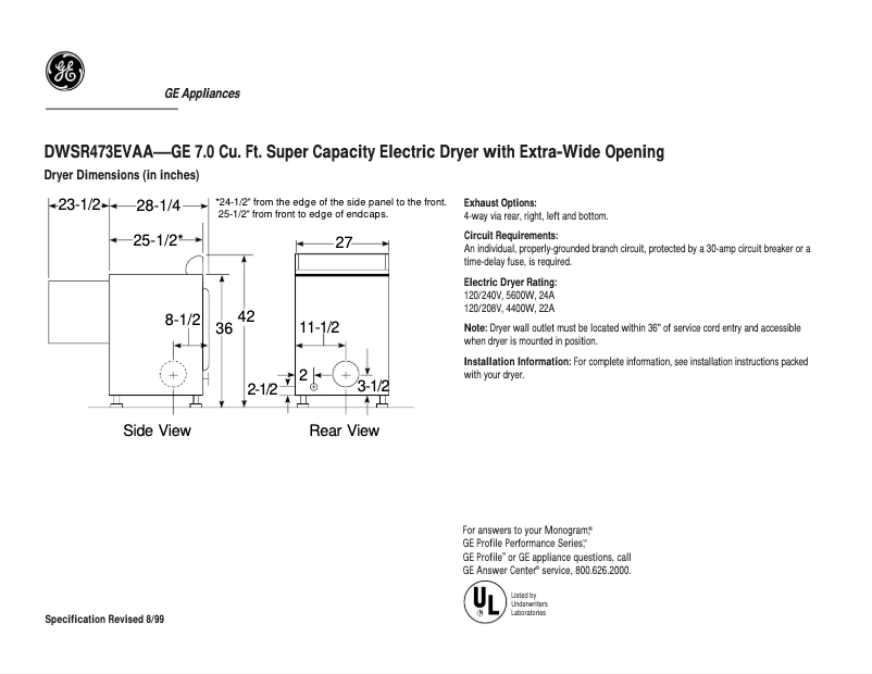 Page n°1 - Fiche technique GE DWSR473EVAA