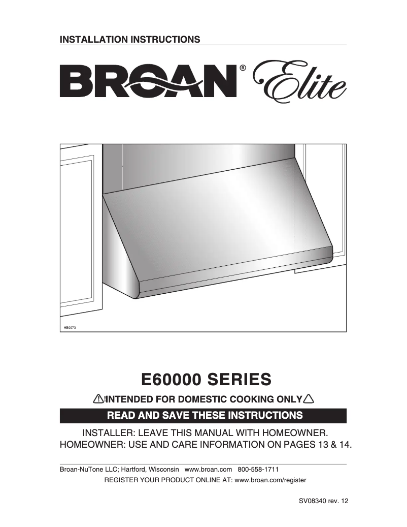 Page 1 de la notice Guide d'installation Broan Elite E6048TS