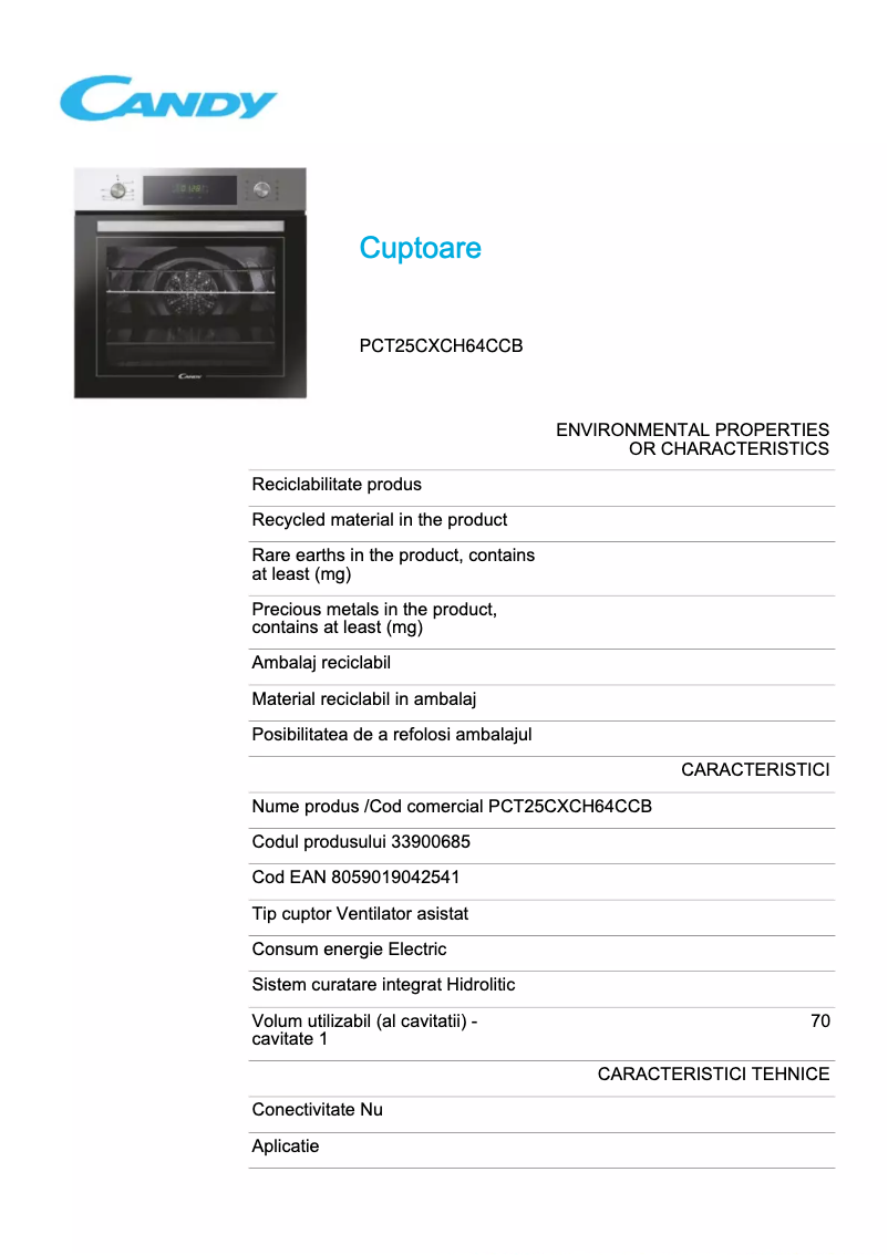 Page 1 de la notice Fiche technique Candy PCT25CXCH64CCB