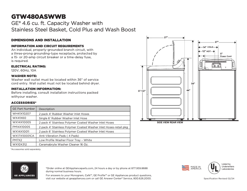 Page n°1 - Fiche technique GE GTW480ASWWB