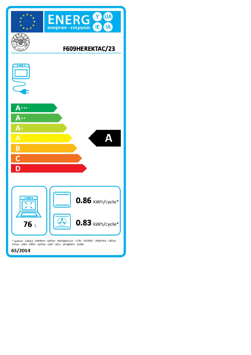 Page 1 de la notice Label énergétique Bertazzoni F609HEREKTNE