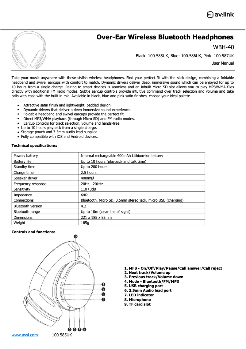 Page n°1 - Manuel utilisateur AV:link WBH-40