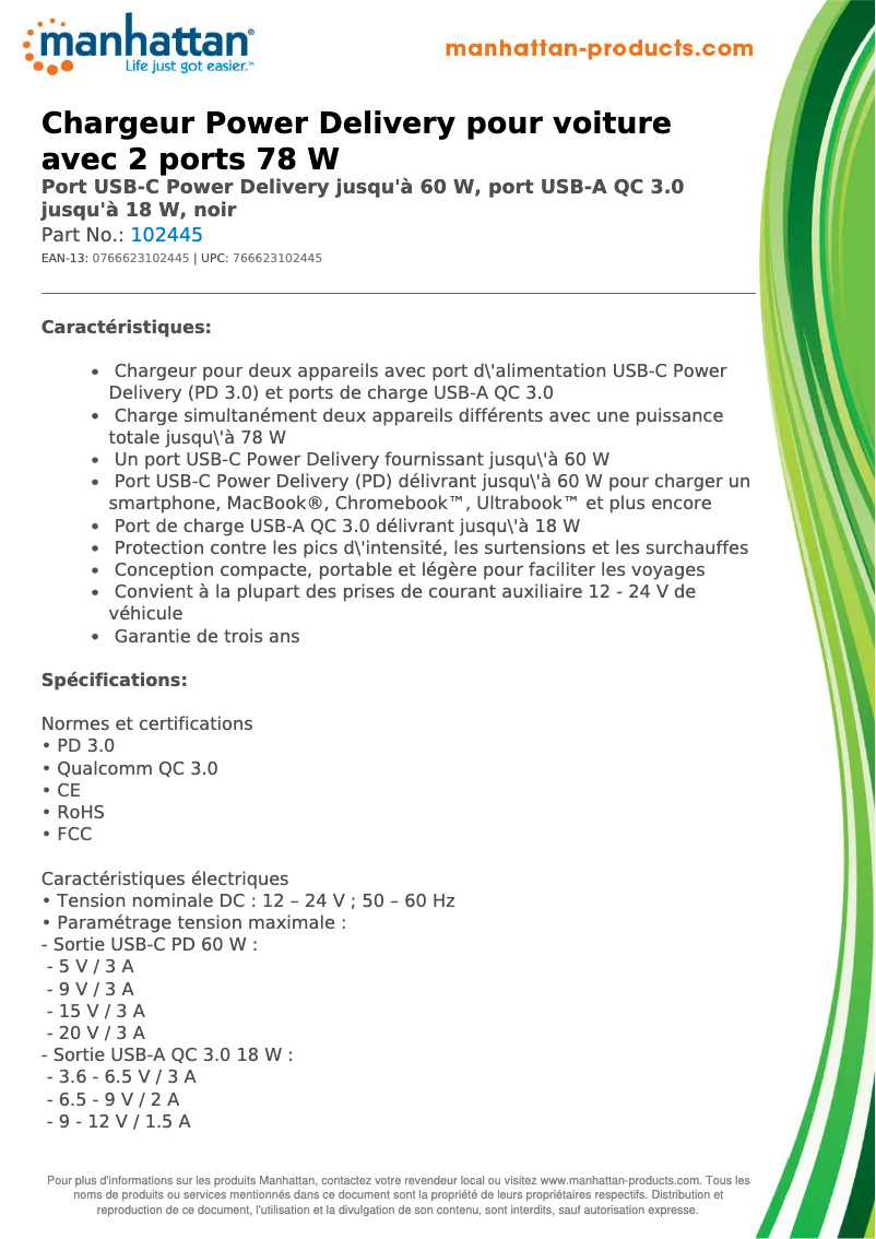 Page 1 de la notice Fiche technique Manhattan 102445