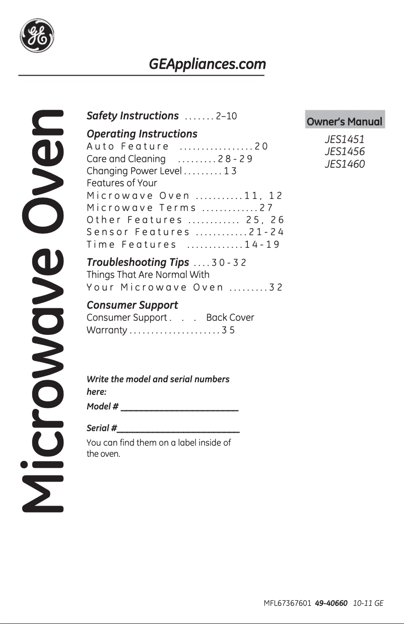Page 1 of the manual Instruction Manual GE JES1460DSBB