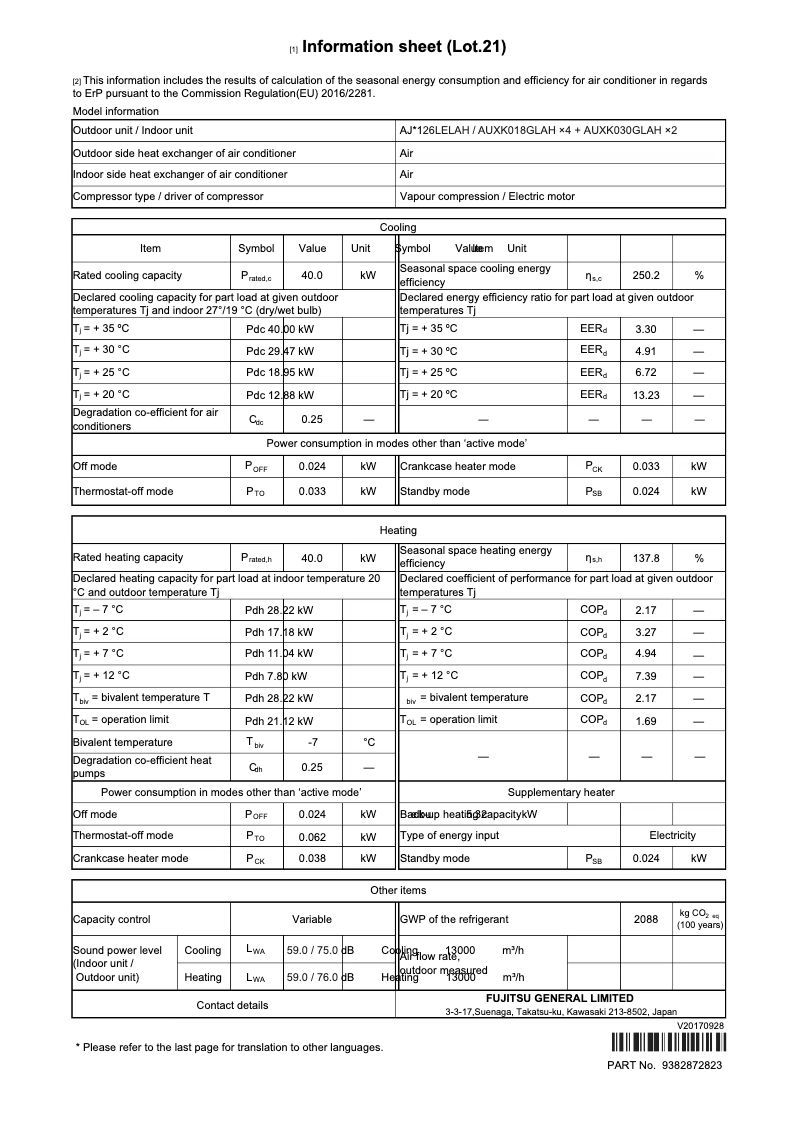 Page 1 de la notice Fiche technique Fujitsu Airstage AJH126LELAH