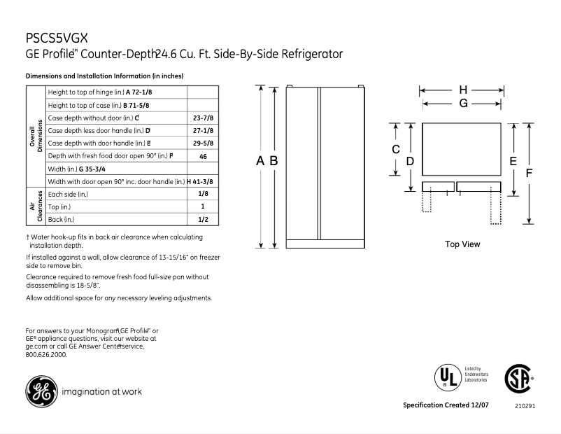 Page n°1 - Fiche technique GE Profile PSCS5VGXSS