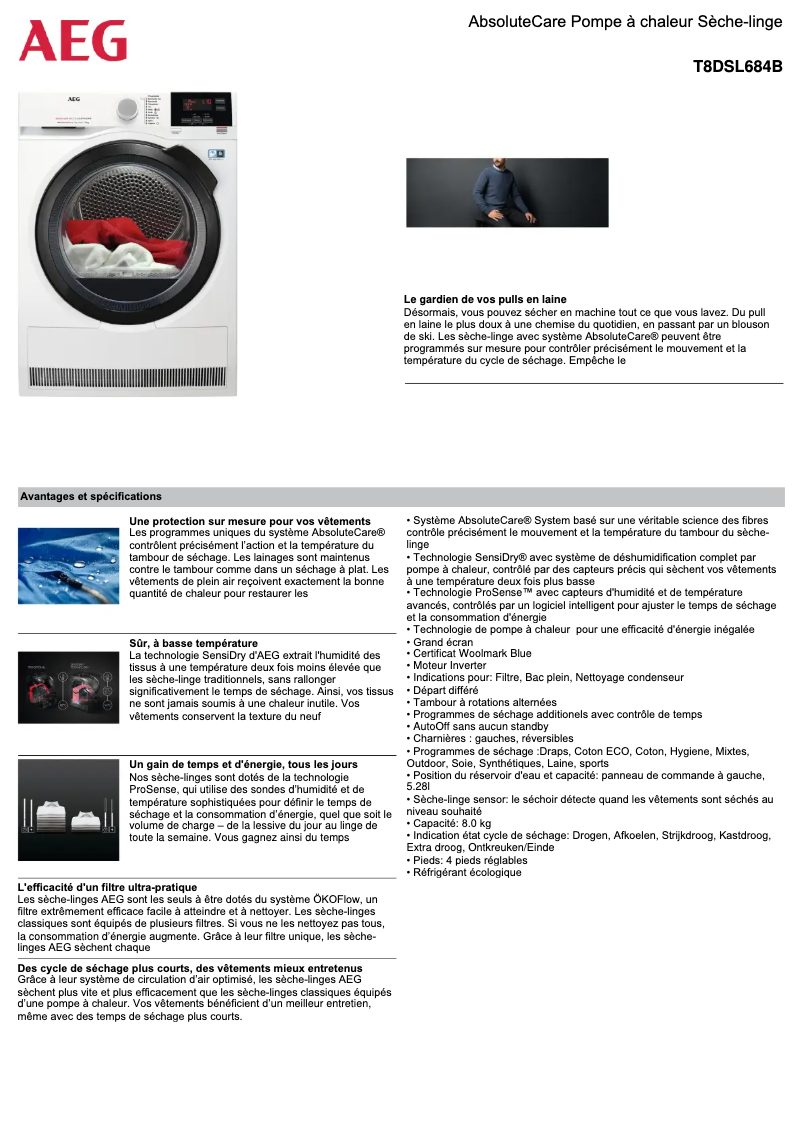 Page 1 de la notice Fiche technique AEG T8DSL684B