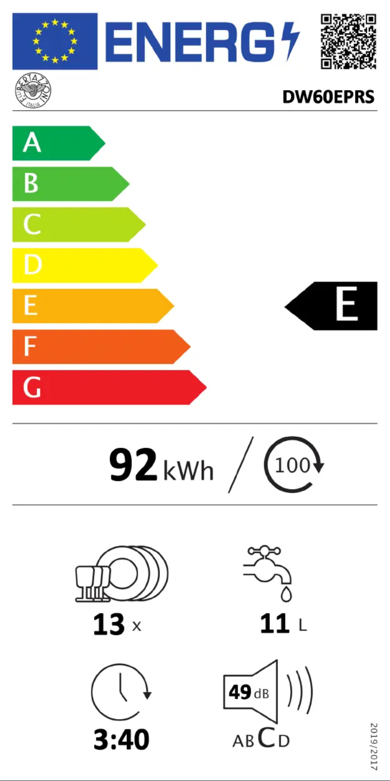 Page 1 de la notice Label énergétique Bertazzoni DW60EPRS