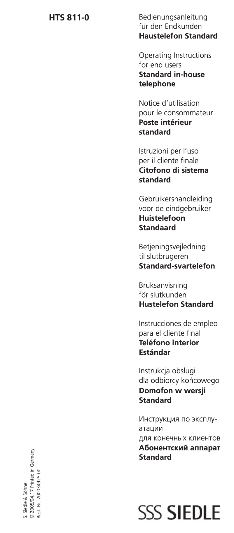 Page n°1 - Manuel utilisateur Siedle HTS 811-0