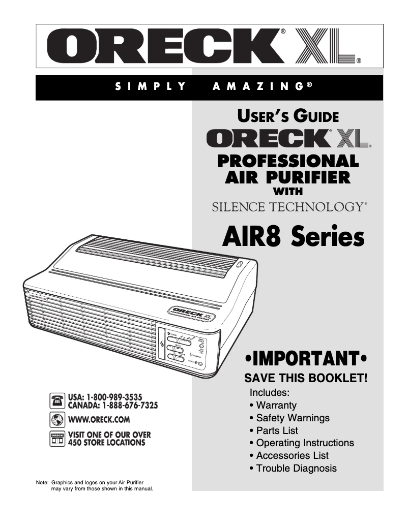 Page 1 de la notice Manuel utilisateur Oreck XL Professional Air Purifier AIR8