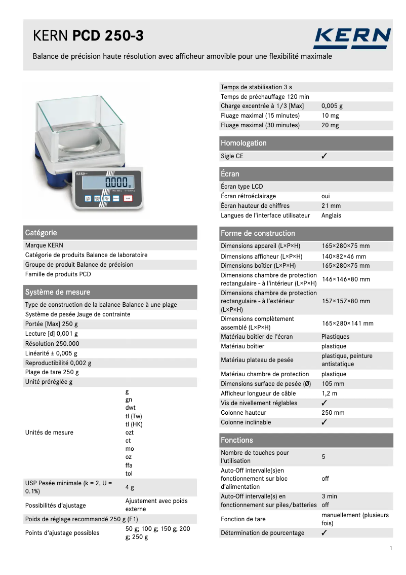 Page 1 de la notice Fiche technique Kern PCD 250-3
