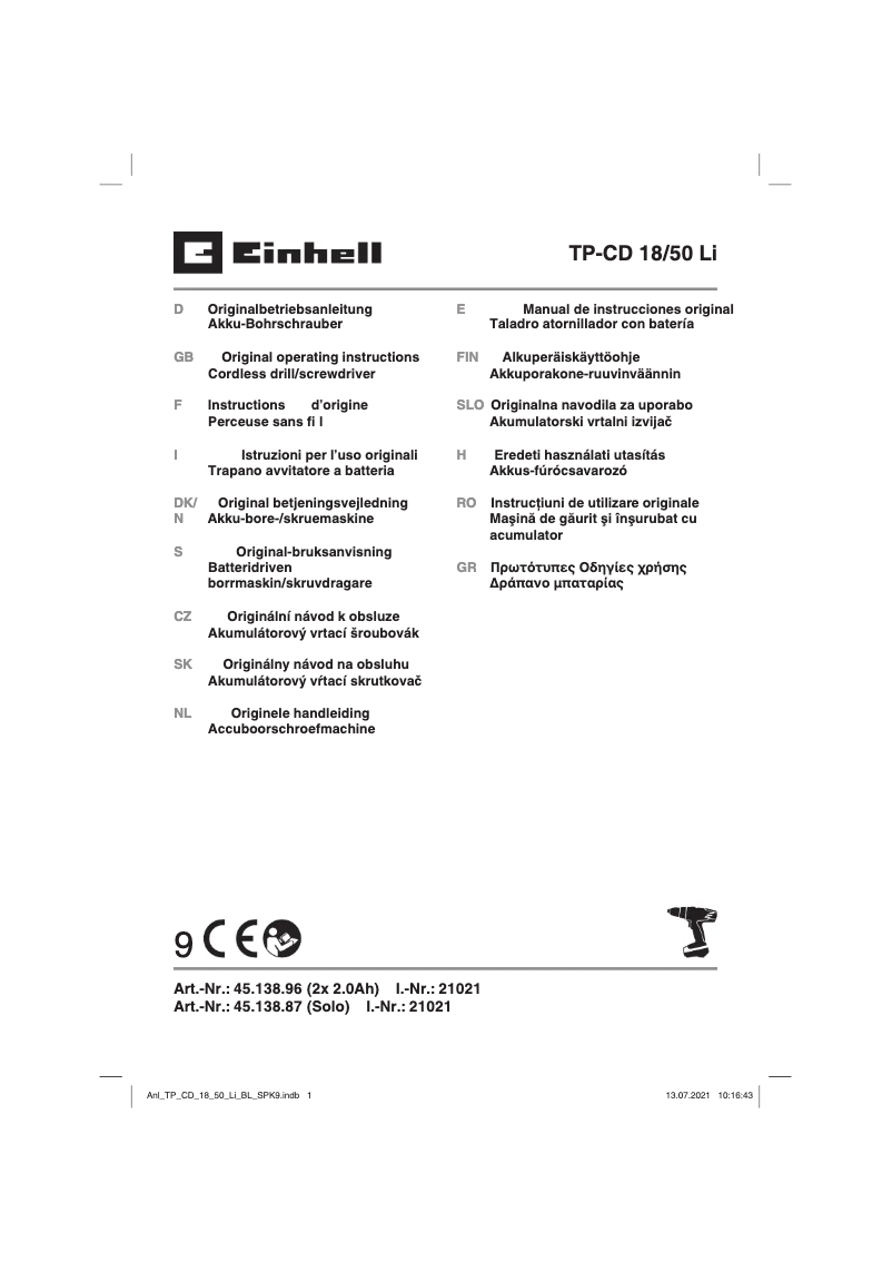 Page n°1 - Manuel utilisateur Einhell TP-CD 18/50 Li