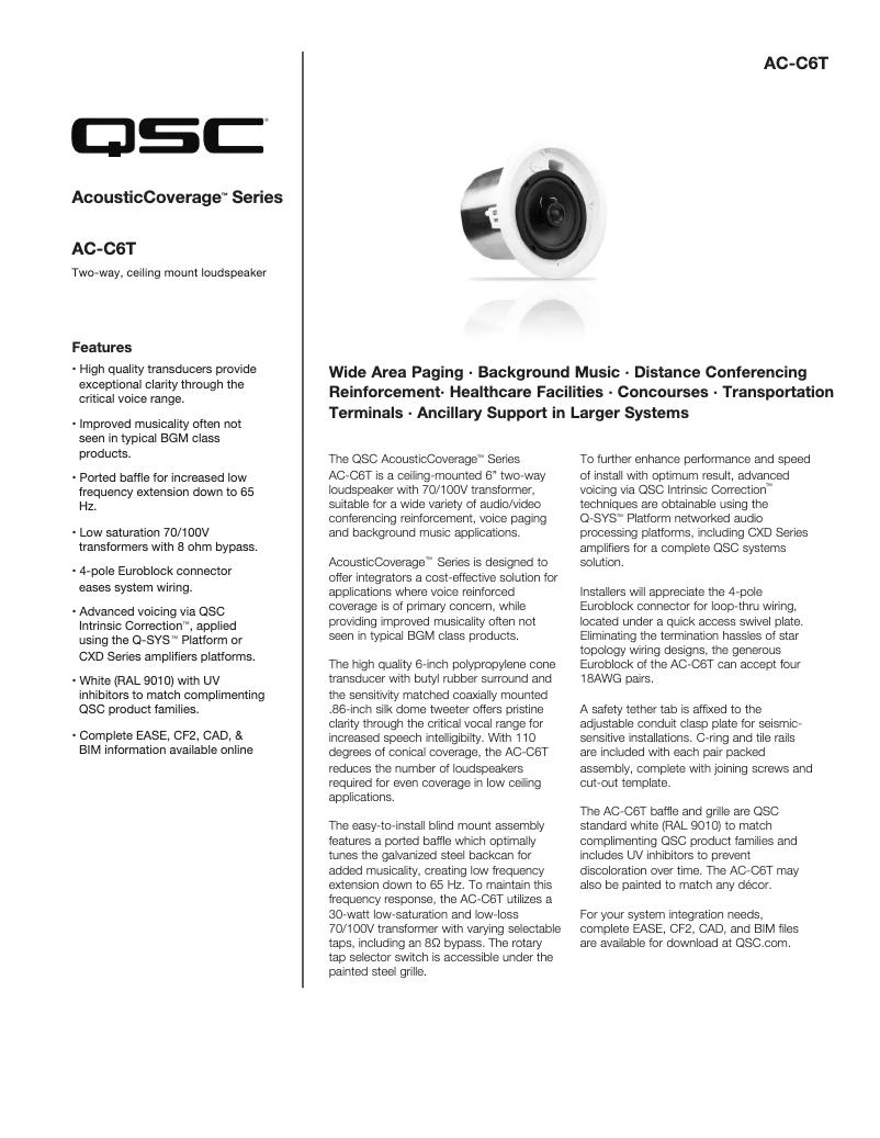 Page 1 de la notice Fiche technique QSC AC-C6T