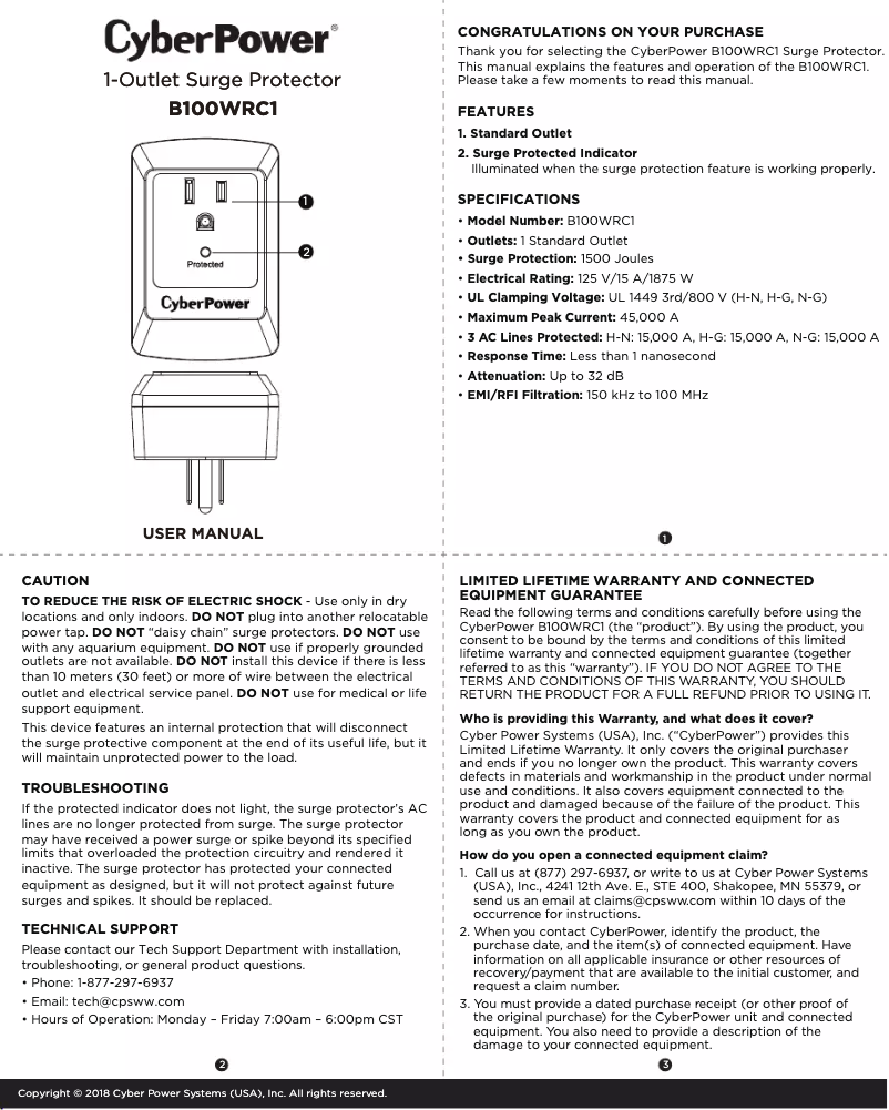Page 1 de la notice Manuel utilisateur CyberPower B100WRC1