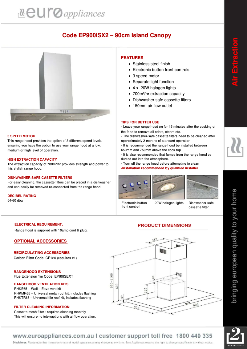 Page 1 de la notice Fiche technique Euro Appliances EP900ISX2