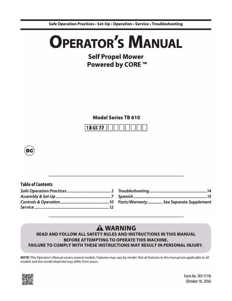 Page 1 de la notice Manuel utilisateur Troy-Bilt TB610 Core