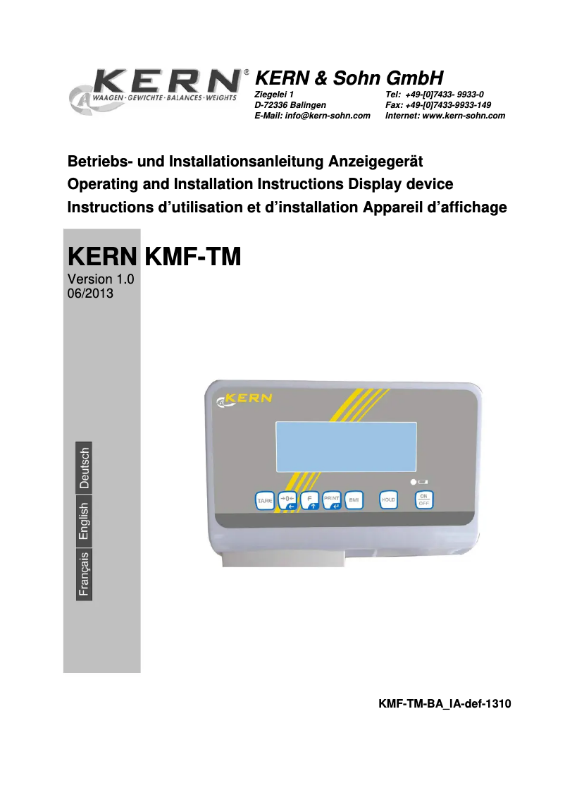Page 1 de la notice Manuel utilisateur Kern MPE 250K100HNM