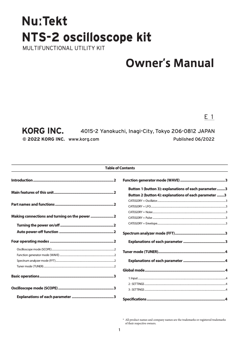 Page n°1 - Manuel utilisateur Korg NTS-2