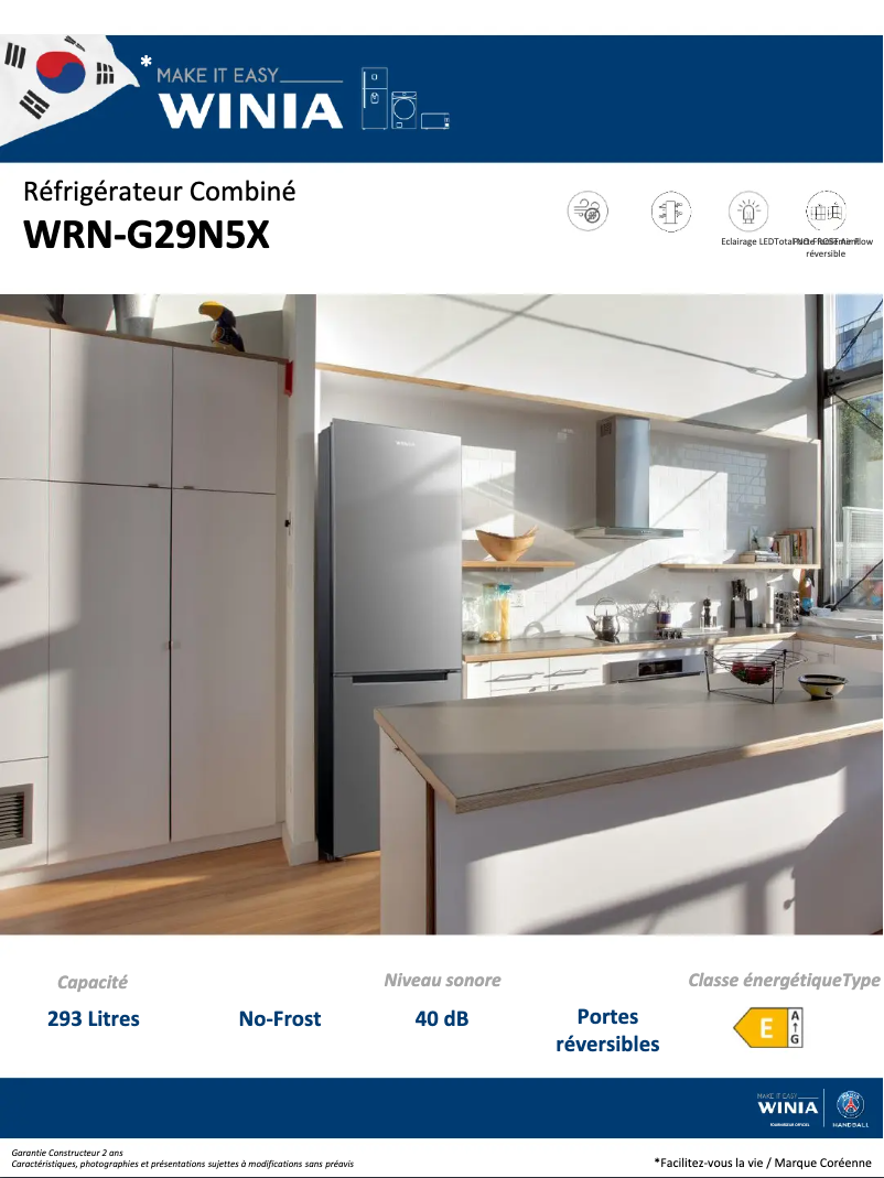 Page 1 de la notice Fiche technique Winia WRN-G29N5X