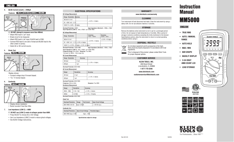 Página 1 del manual Manual de usuario Klein Tools MM5000
