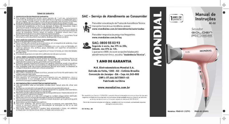 Imagen de la primera página del manual del dispositivo Golden Rose SC-32