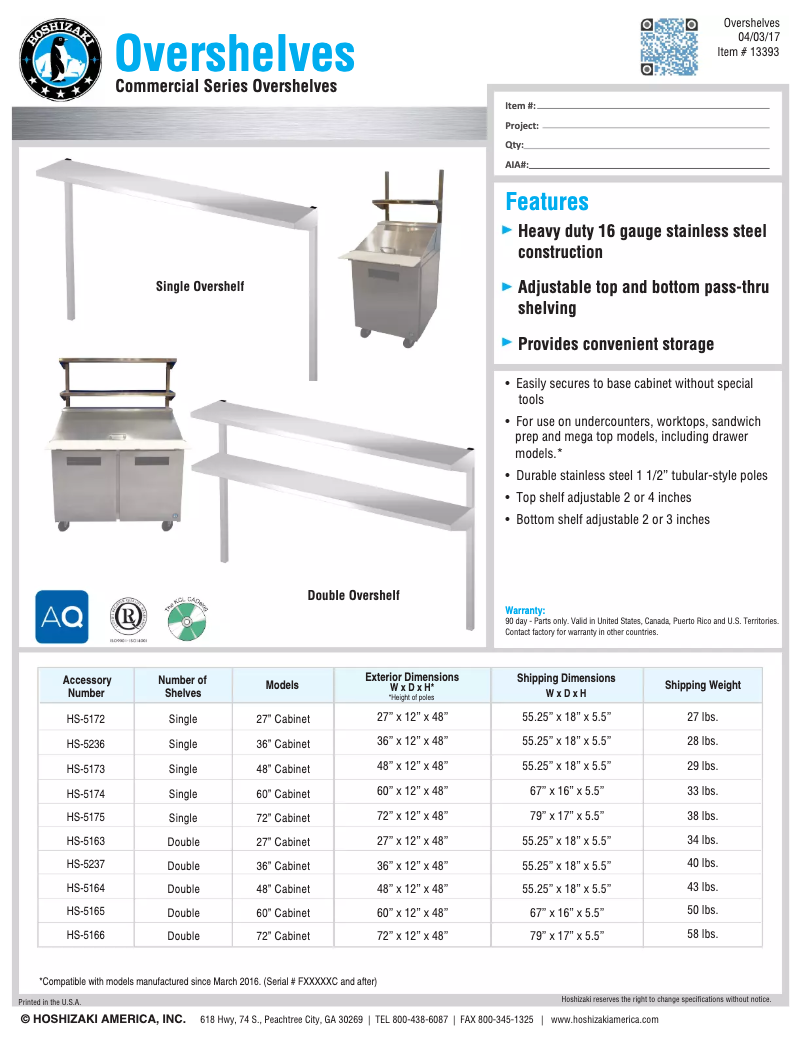 Página 1 del manual Ficha técnica Hoshizaki Commercial HS-5174