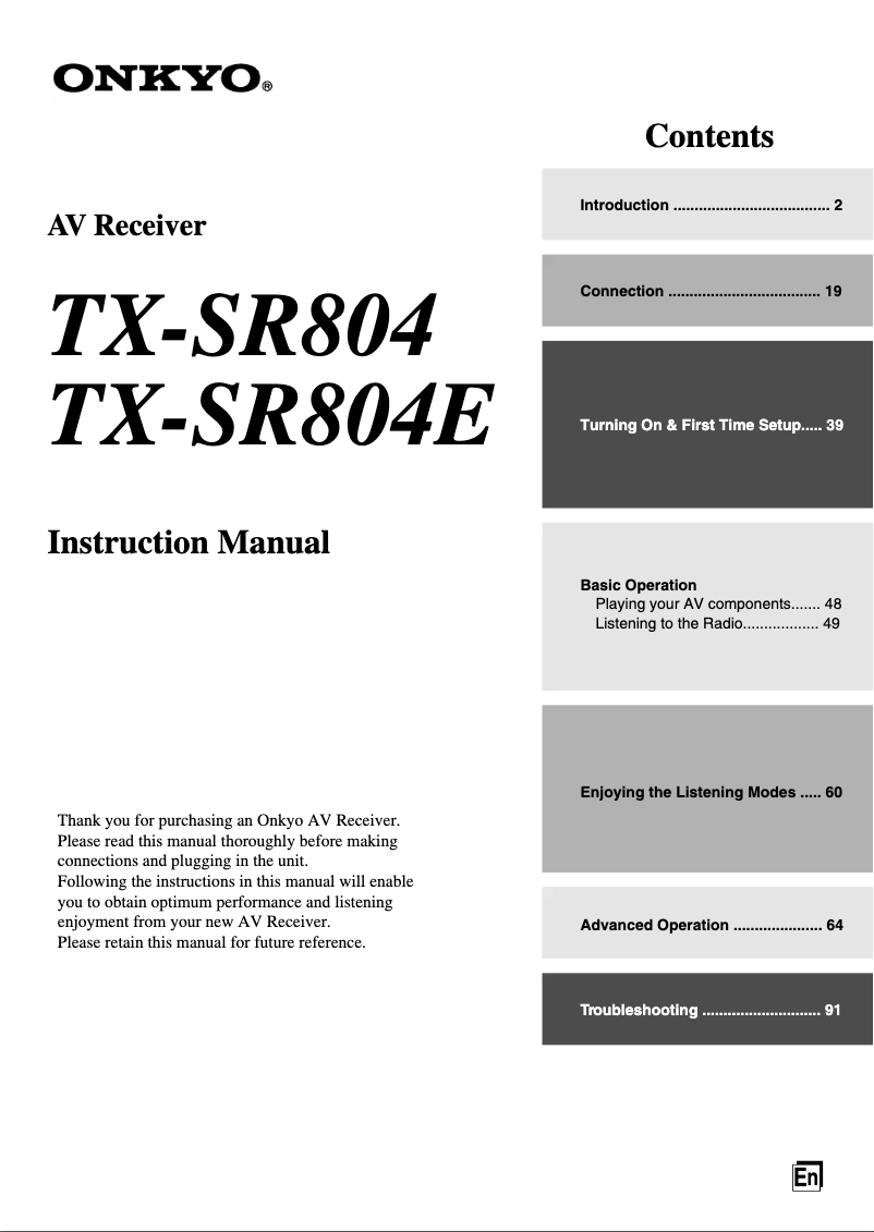 Page 1 de la notice Manuel utilisateur Onkyo TX-SR804