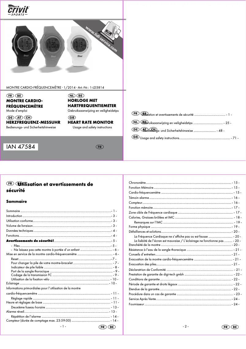 Page n°1 - Manuel utilisateur Crivit 1-LD3814 IAN 47584