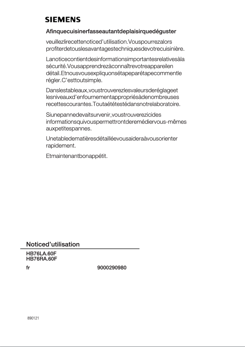 Page 1 de la notice Mode d'emploi Siemens HB76RA560F