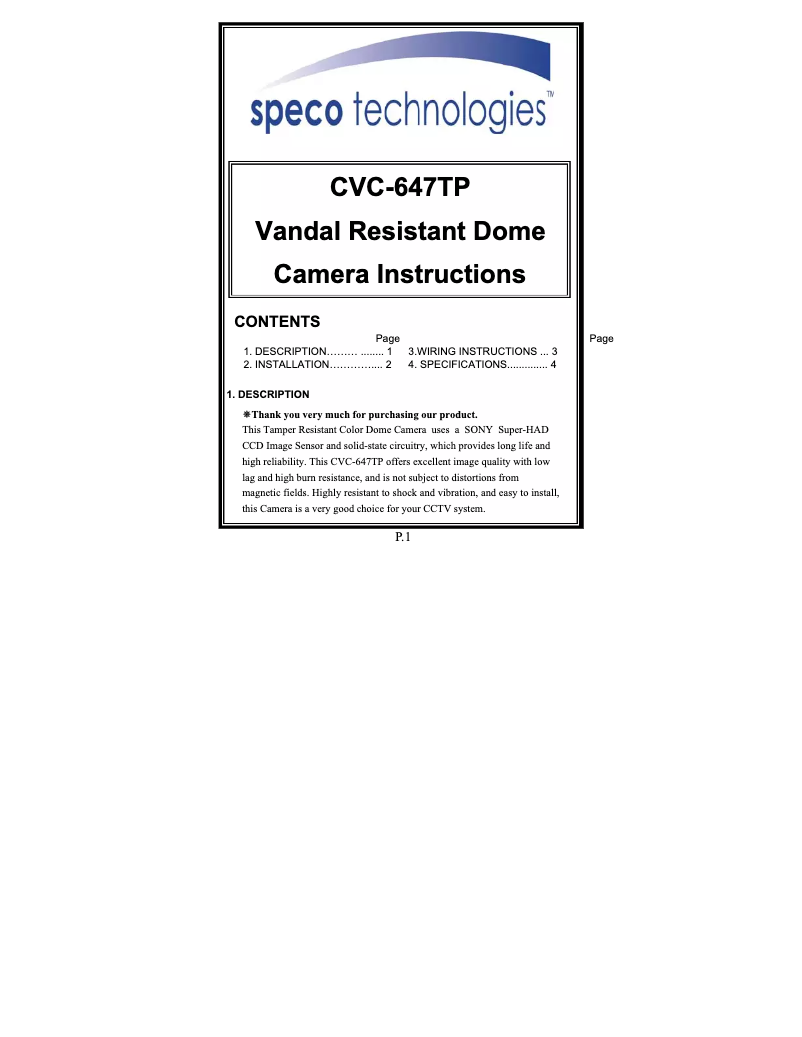 Page 1 de la notice Manuel utilisateur Speco Technologies CVC-647TP