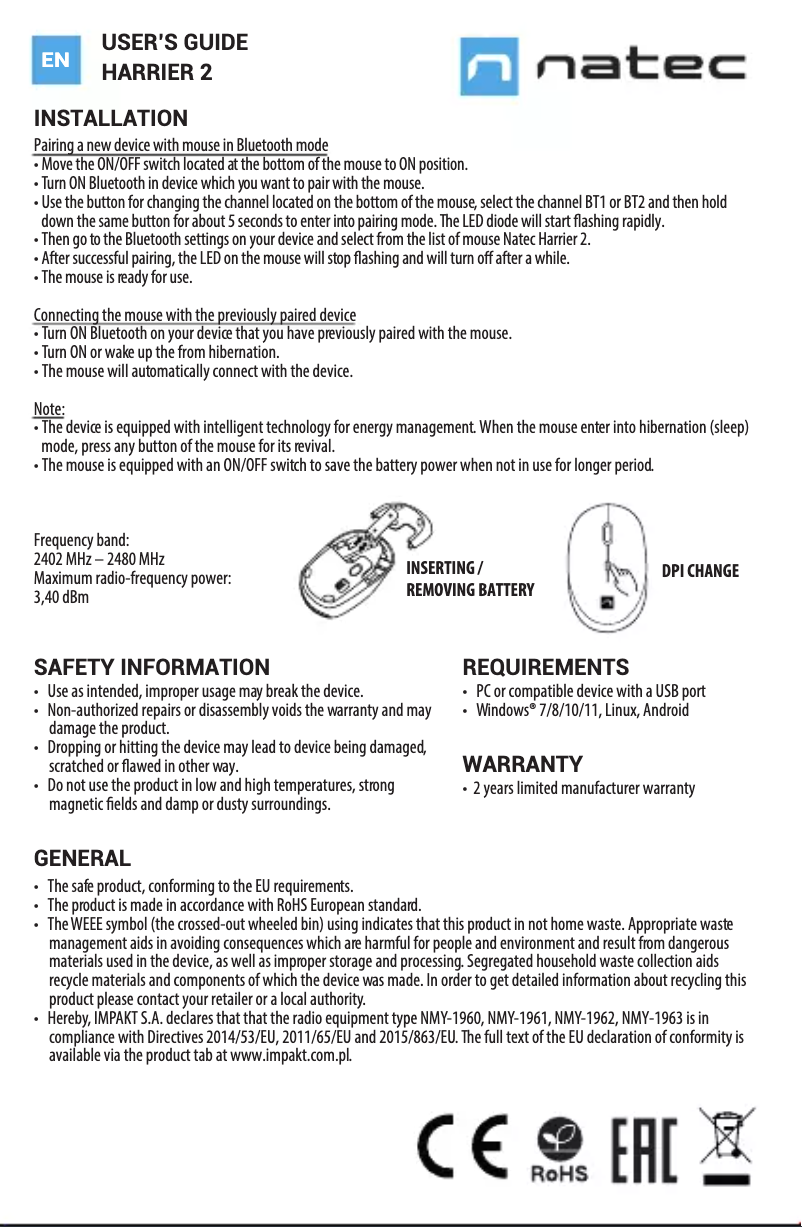 Page 1 de la notice Manuel utilisateur Natec Harrier 2