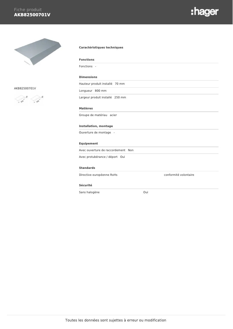 Page n°1 - Manuel utilisateur Hager AKB82500701V