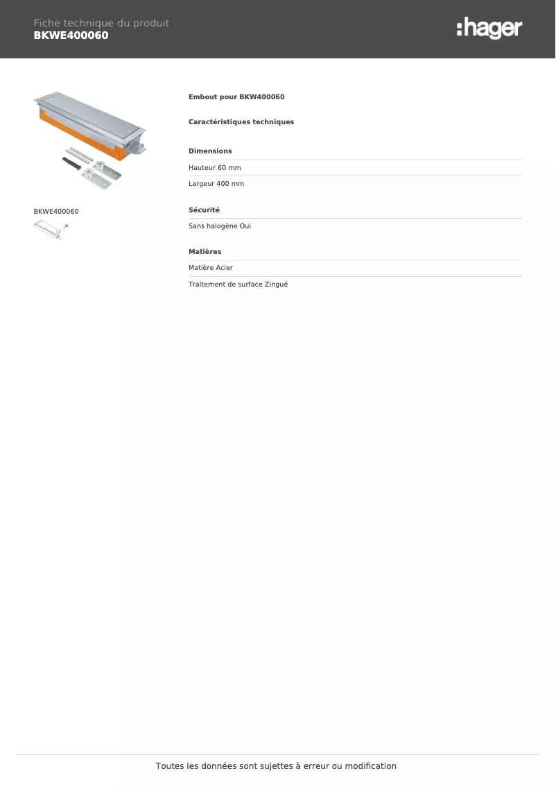 Page 1 de la notice Fiche technique Hager BKWE400060
