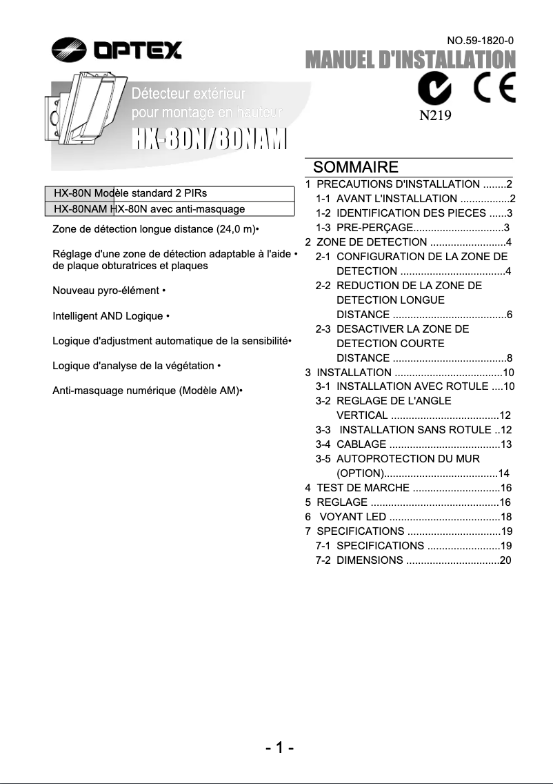 Page 1 de la notice Manuel utilisateur Optex HX-80NAM