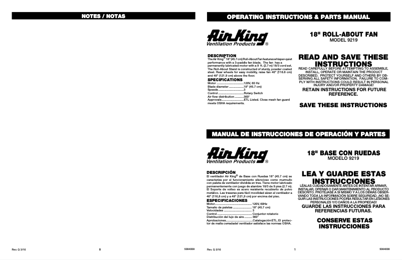 Page n°1 - Manuel utilisateur Air King 9219