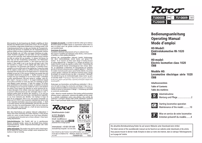 Page n°1 - Manuel utilisateur Roco 7520009