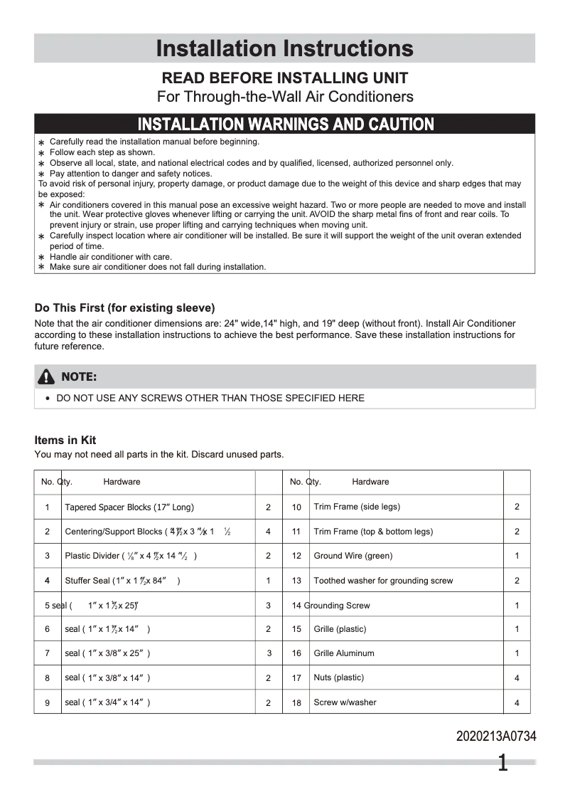 Page n°1 - Guide d'installation Frigidaire FRA123HT2