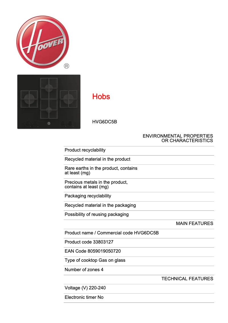Page n°1 - Fiche technique Hoover HVG6DC5B