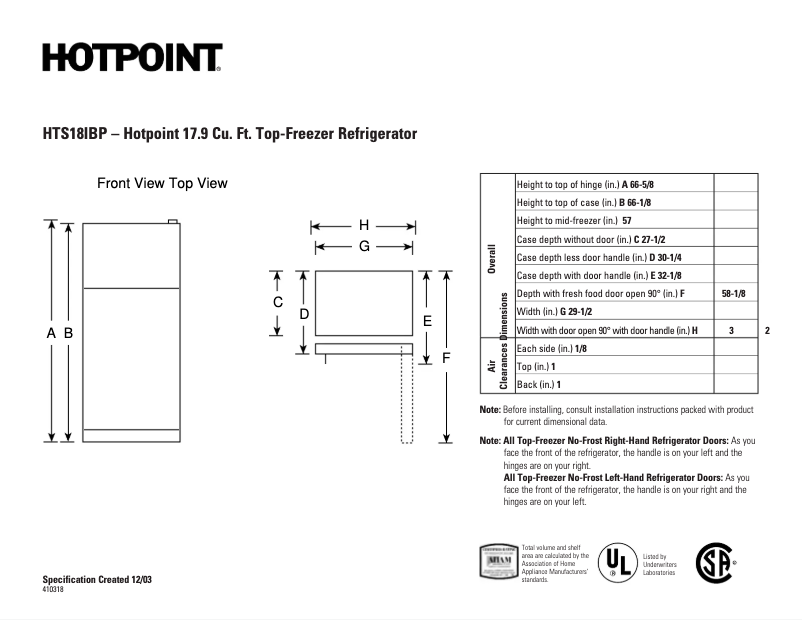 Page n°1 - Fiche technique Hotpoint HTS18IBPWW
