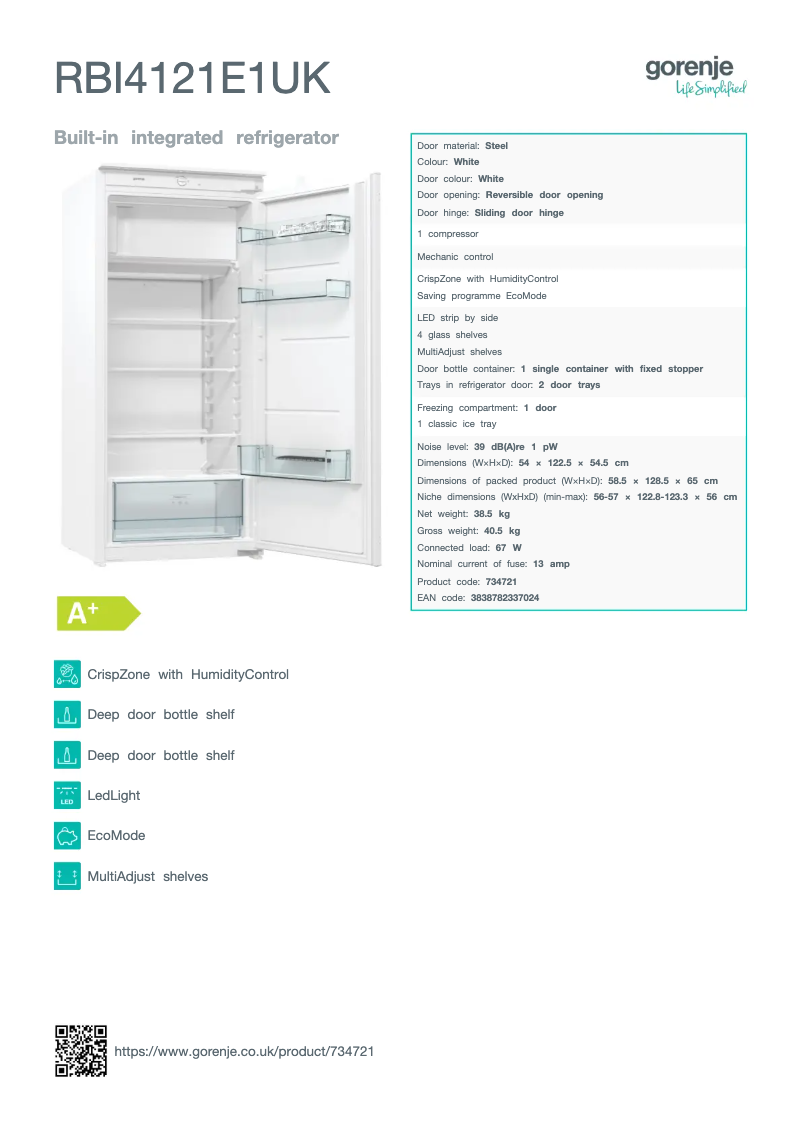 Page n°1 - Fiche technique Gorenje RBI4121E1UK