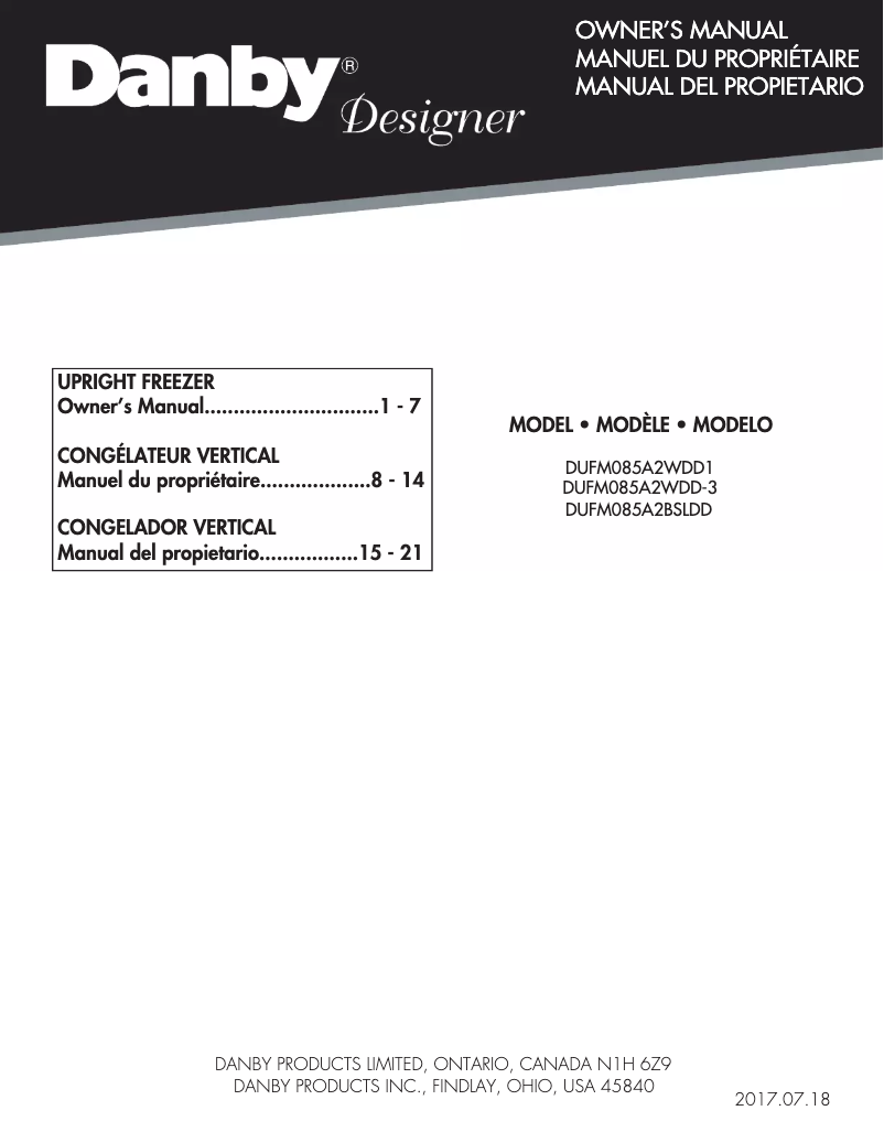 Page 1 de la notice Manuel utilisateur Danby DUFM085A2WDD-3