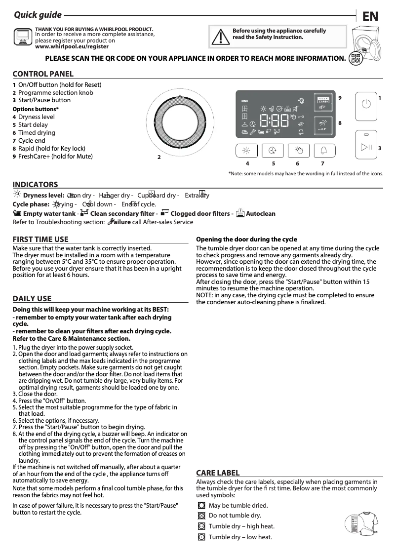 Page 1 de la notice Manuel utilisateur Whirlpool FFT M11 9X3BXY EE