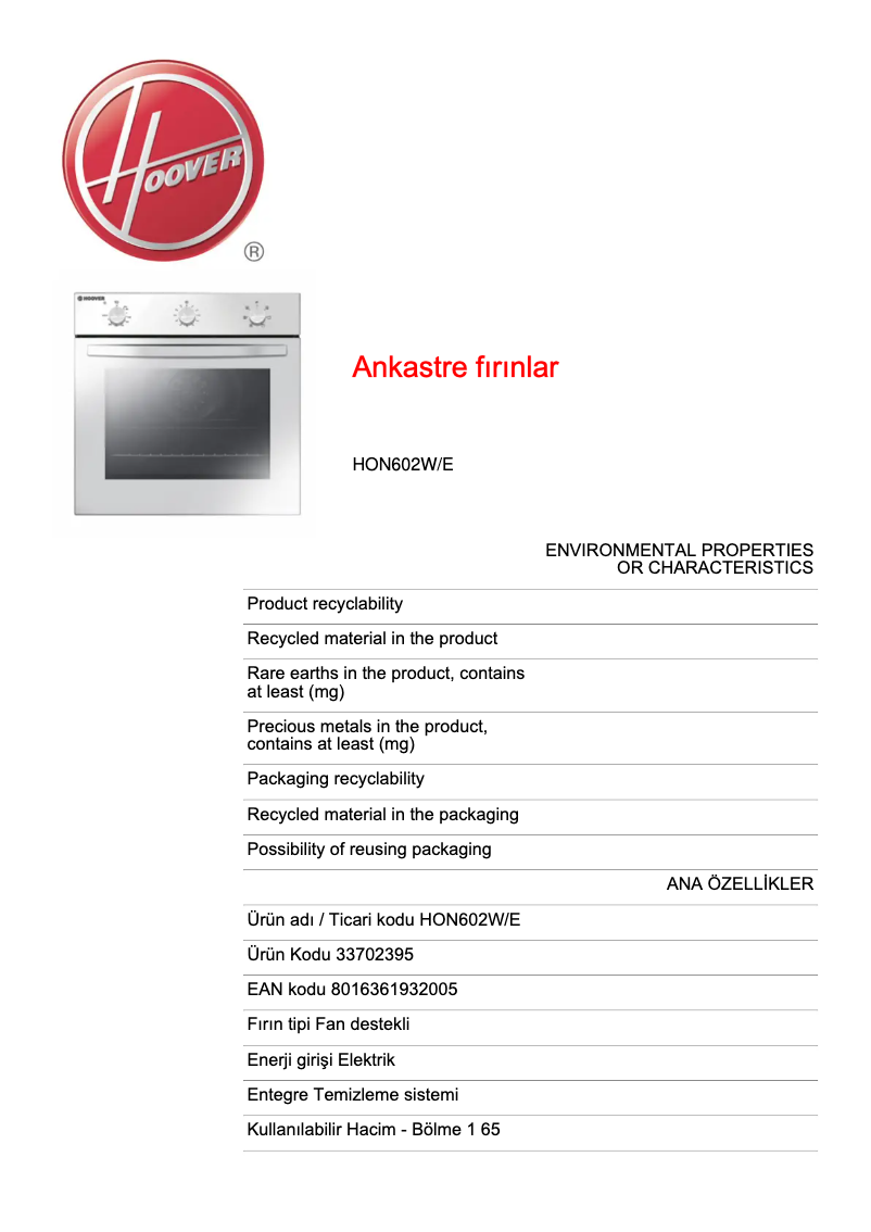 Page n°1 - Fiche technique Hoover HON602W/E