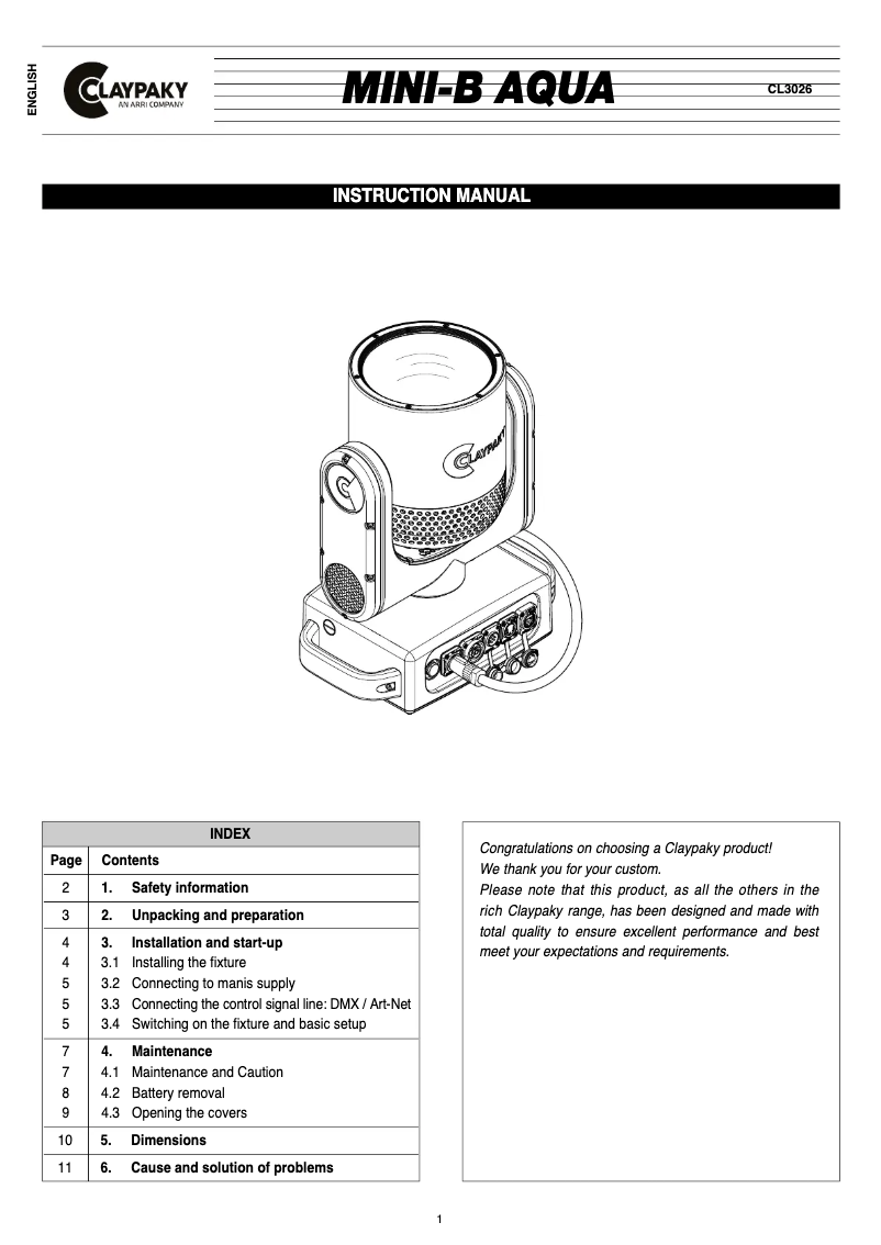 Page n°1 - Manuel utilisateur Claypaky Mini-B Aqua