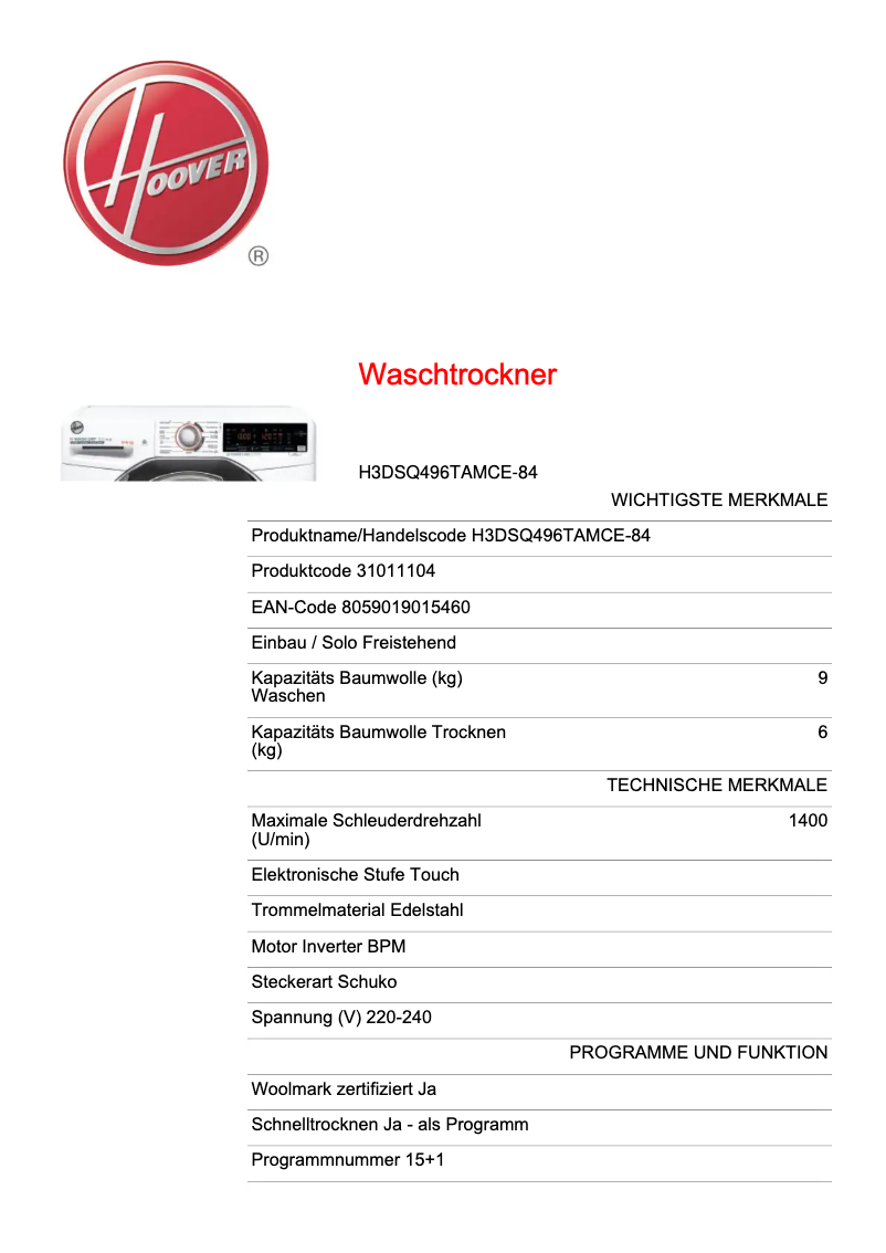 Page 1 de la notice Fiche technique Hoover H-WASH 300 PLUS H3DSQ496TAMCE-84